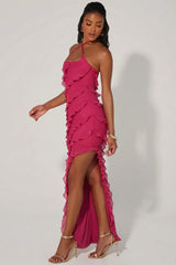 Cross Strap Ruffle Floor Length Dress in Fuchsia