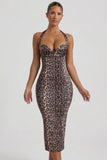 Layered Halterneck Bodycon Midi Dress in Leopard Print