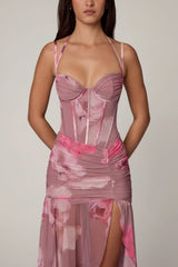 Ruched Asymmetric Corset Gown in Blurred Floral