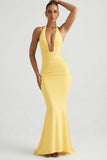 Ruched Backless Halterneck Gown in Pastel Yellow