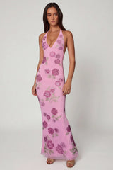 Embellished Halterneck Maxi Dress in Soft Pink