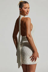 Embellished Scarf Detail Halterneck Mini Dress in White