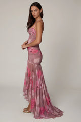 Ruched Asymmetric Corset Gown in Blurred Floral