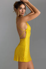 Embellished Scoop Halterneck Mini Dress in Buttercup