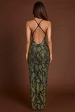 Embellished Halterneck Maxi Dress in Green Snake