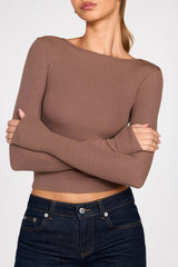 Ribbed Modal Ruched Long Sleeve Top in Mocha