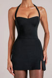 Mid Rise Bodycon Ultra Mini Skirt with Split in Black