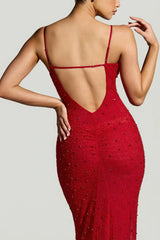 Embellished Plunge Neck Evening Gown in Red