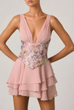 Embellished Ruffled Corset Mini Dress in Floral Pink