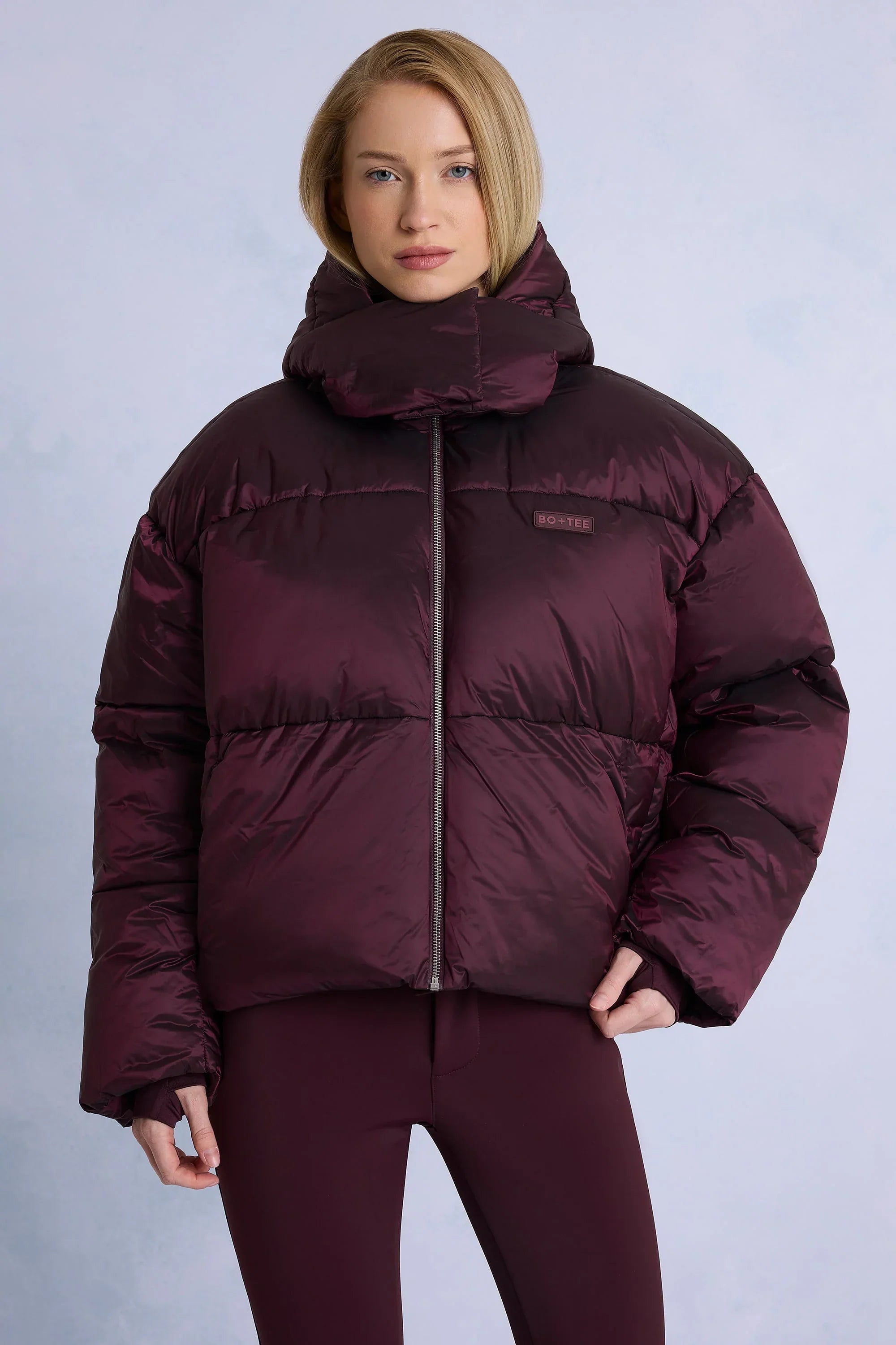 Waterproof Cropped Oversized Ski Jacket in Burgundy