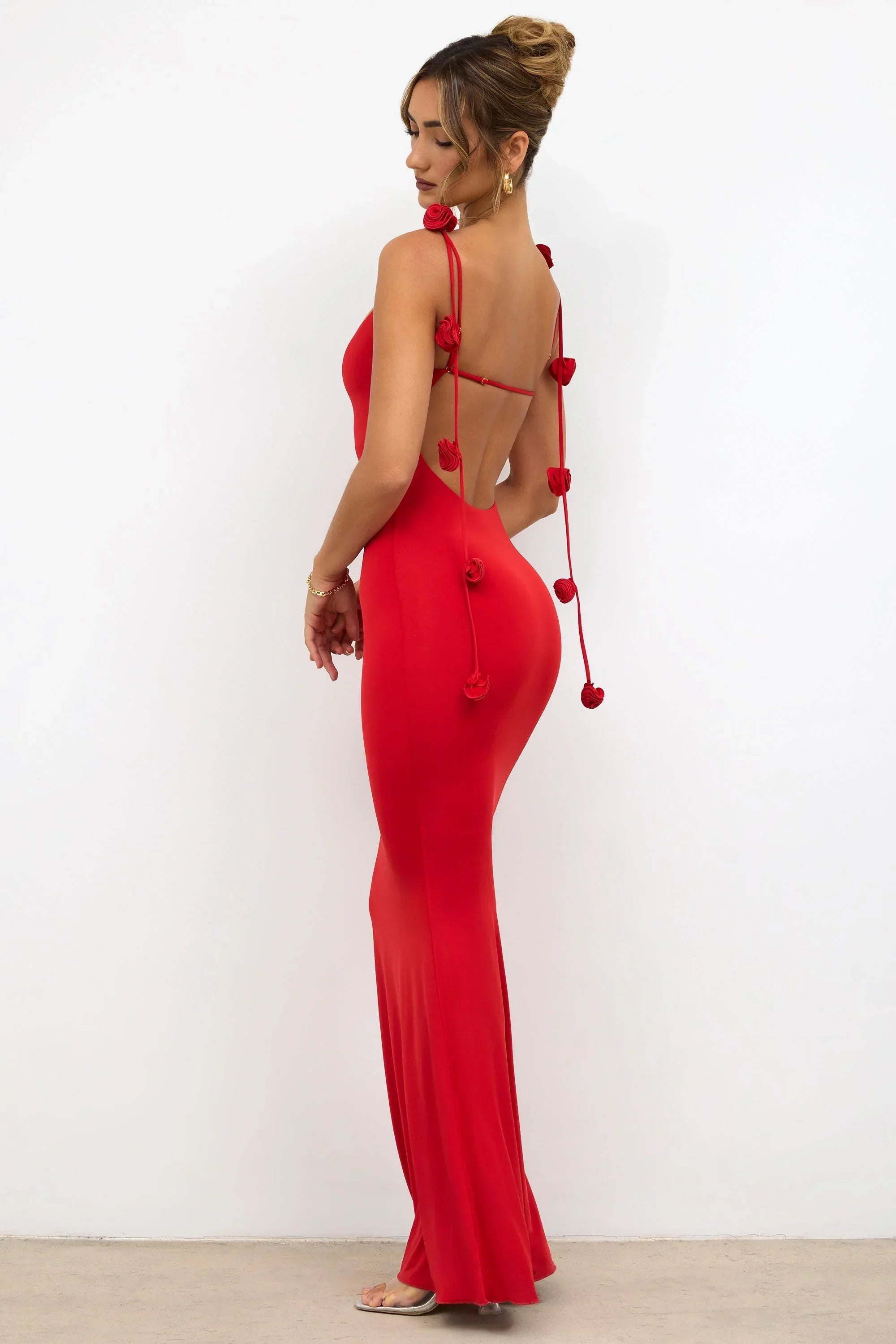 Slinky Jersey Rose Detail Evening Gown in Scarlet Red