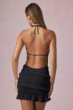 Ruffled Backless Halterneck Mini Dress in Black