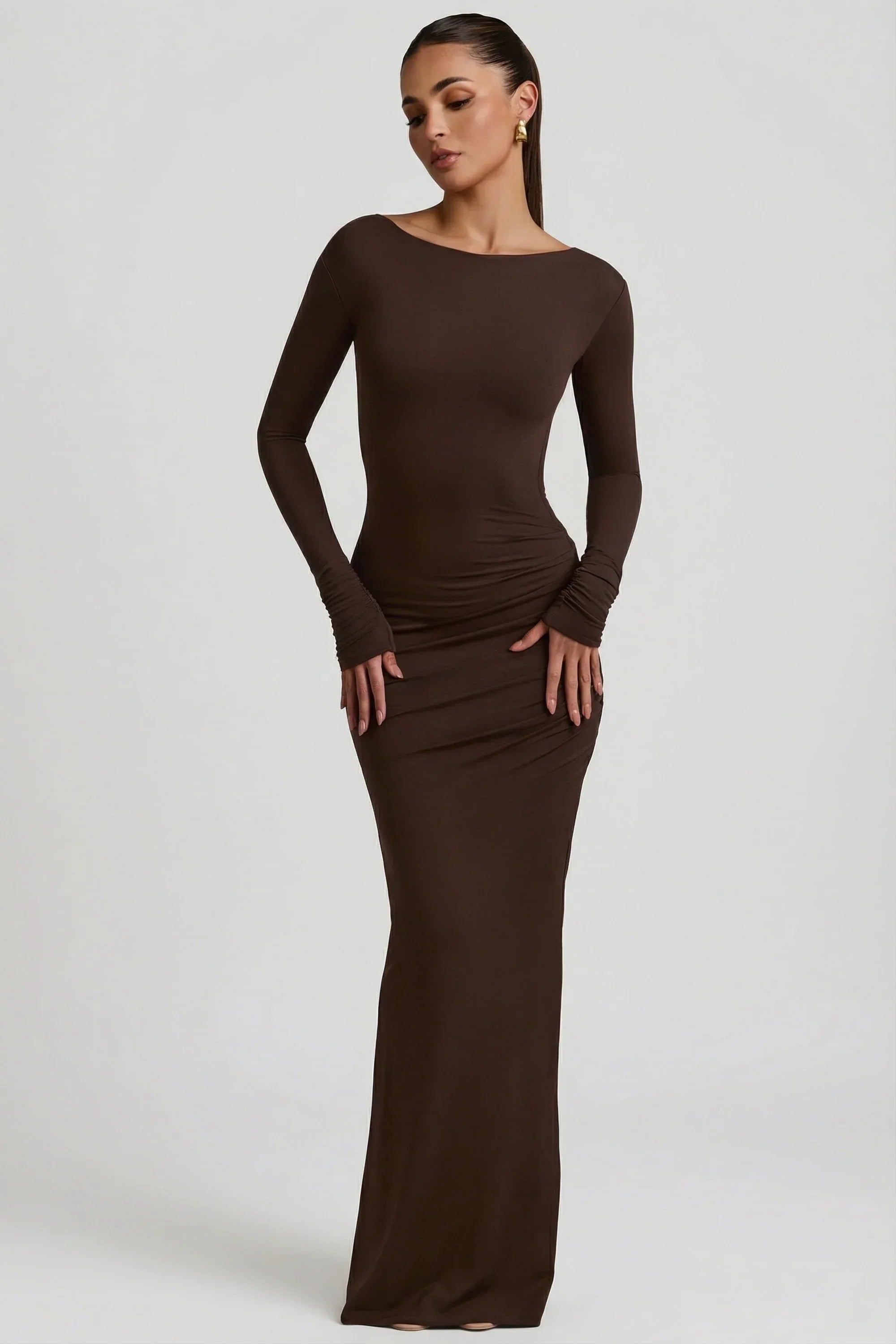 Modal Ruched Backless Maxi Dress in Chocolate Brown