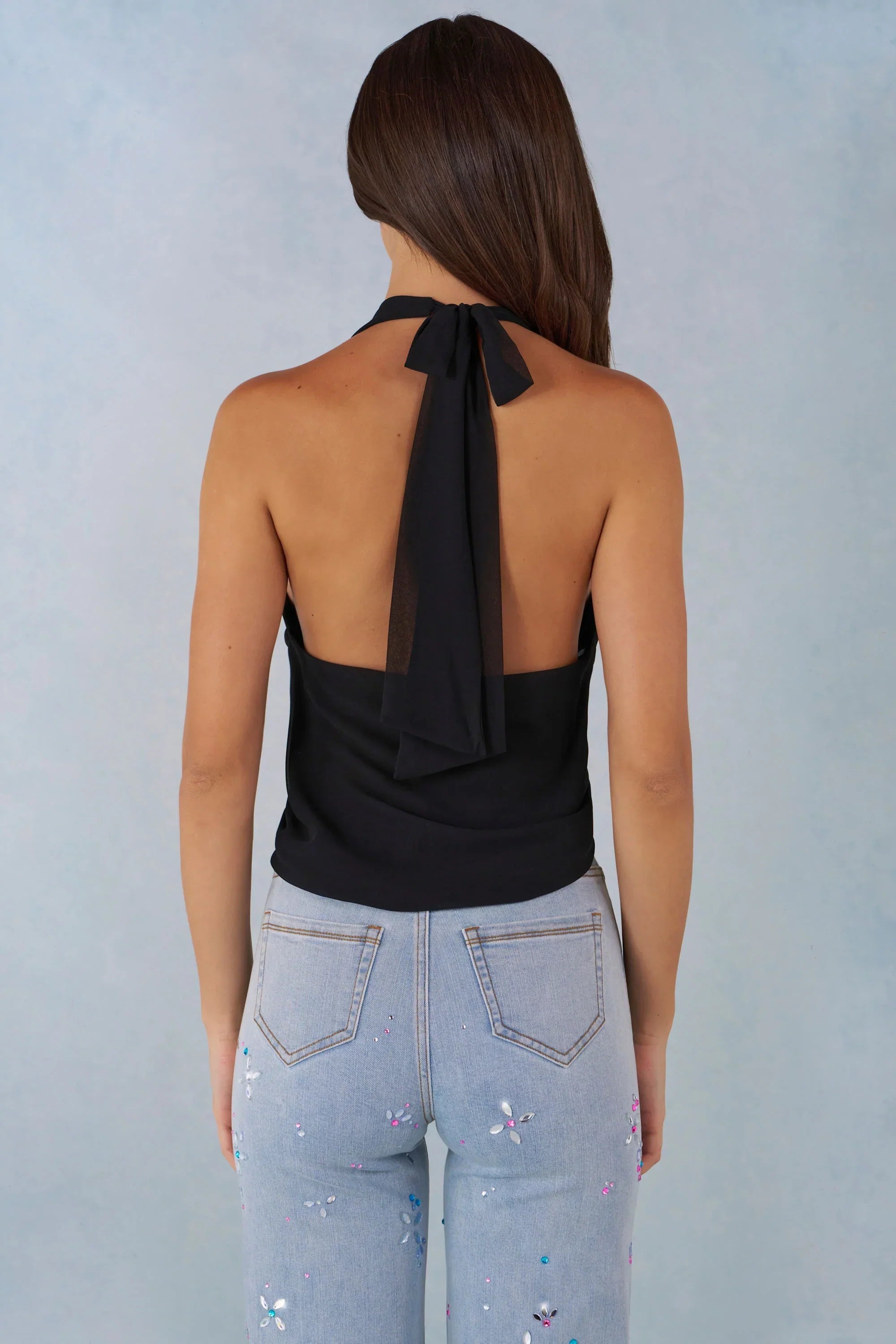 Deep Plunge Halterneck Top in Black