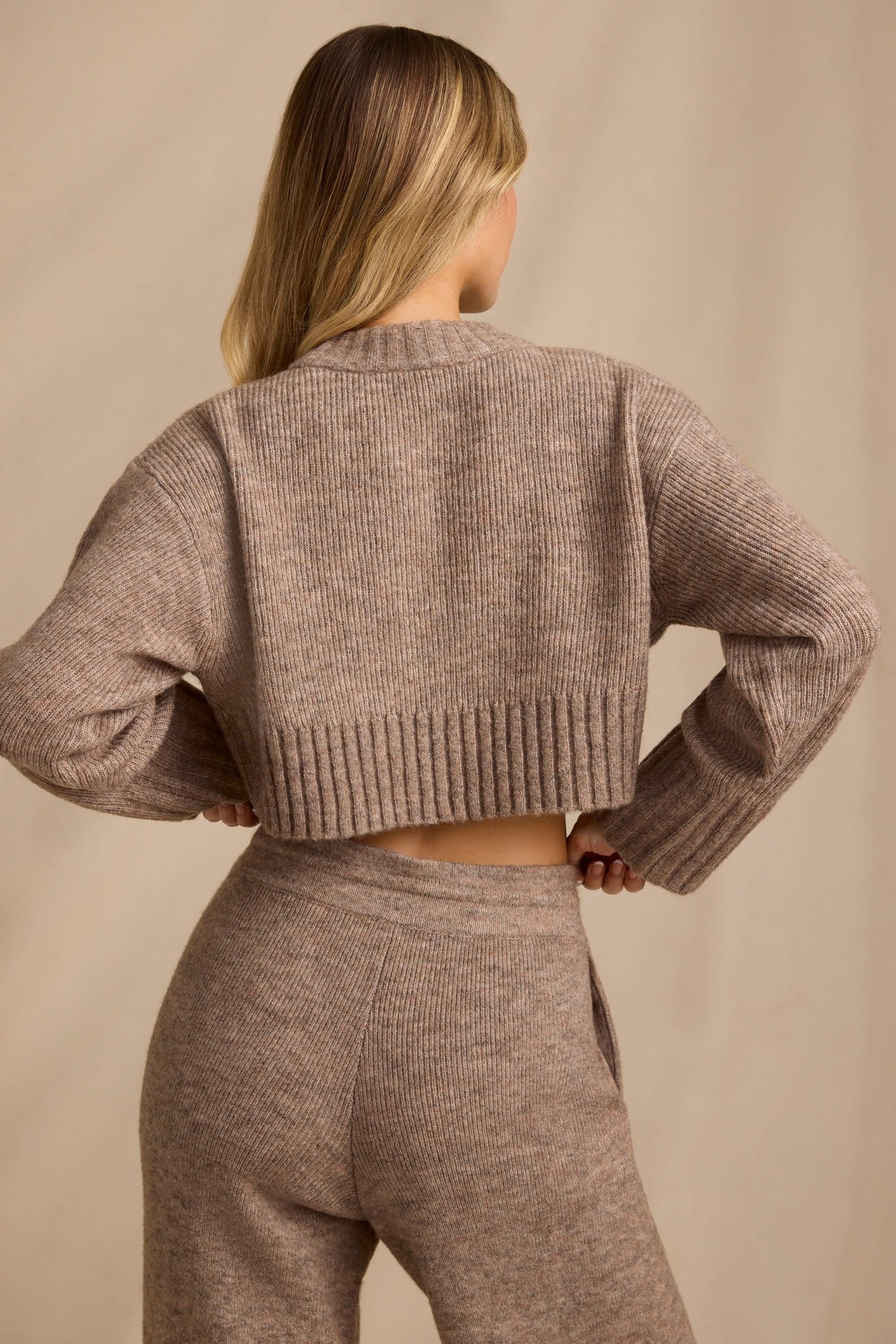 Ribbed Knit Cropped Jumper in Brown Marl