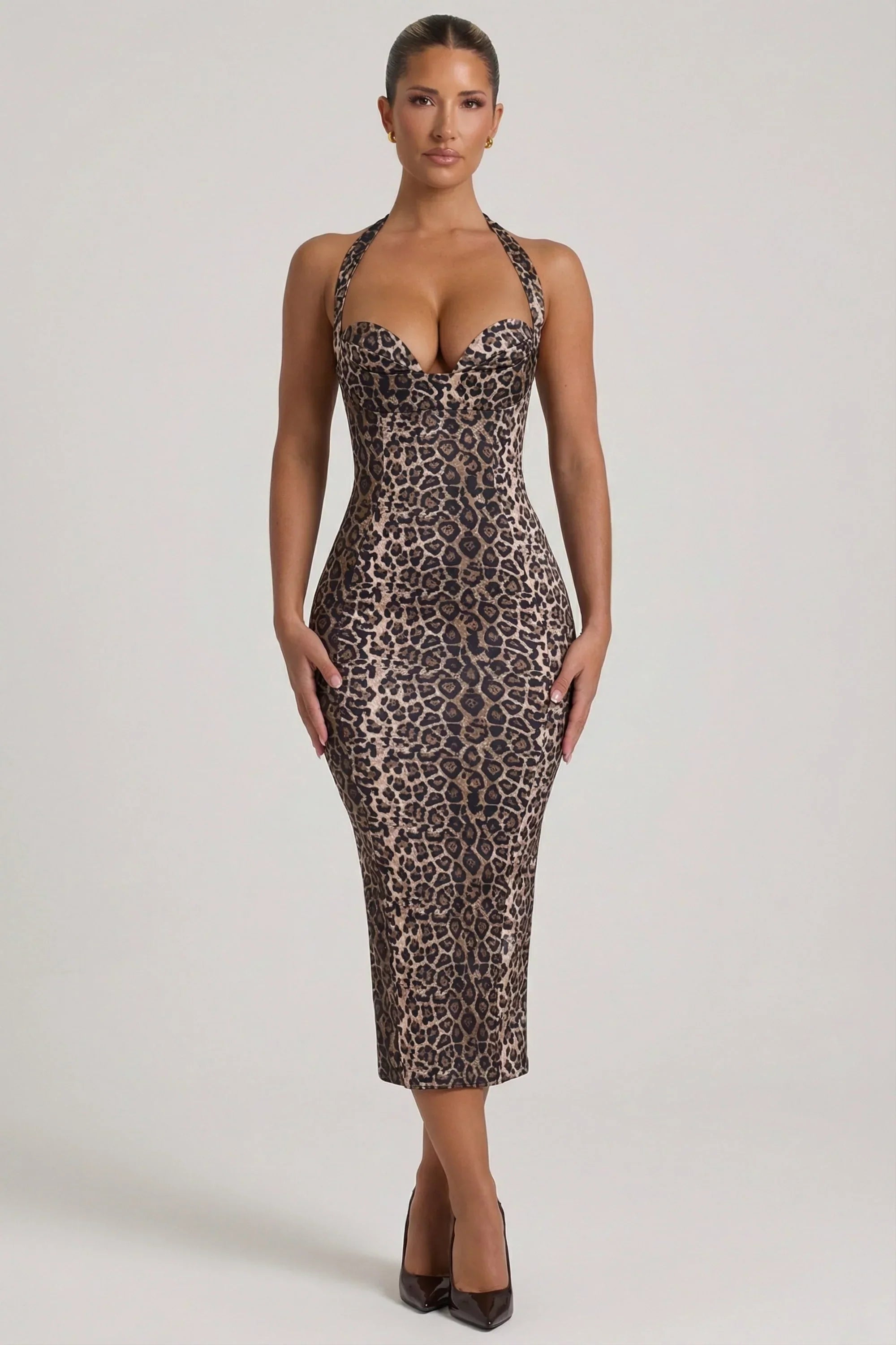 Layered Halterneck Bodycon Midi Dress in Leopard Print