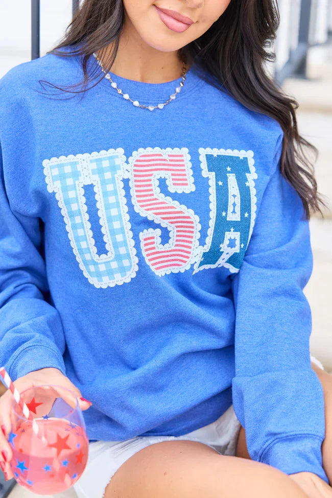 USA Lace Print Heather Blue Graphic Sweatshirt