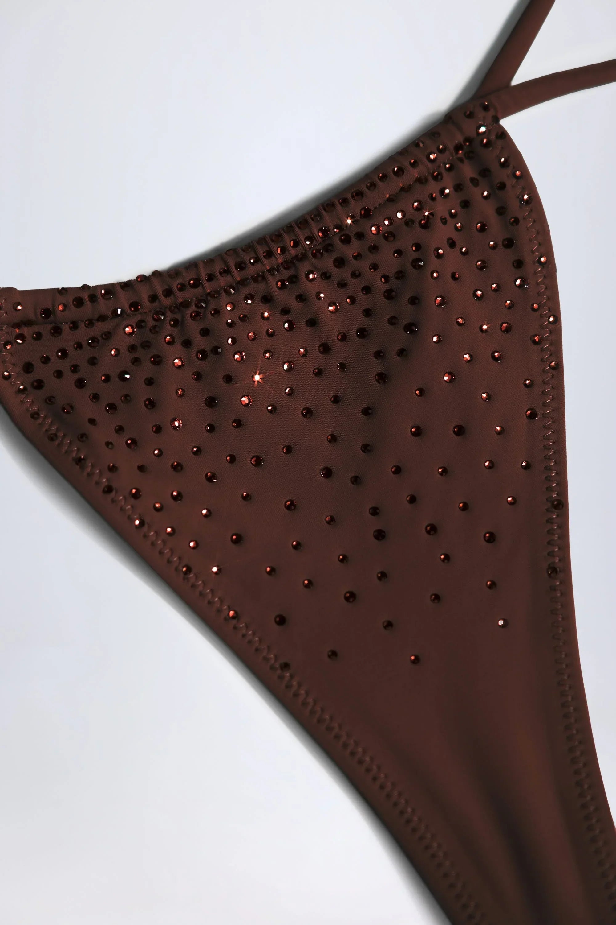 Embellished Drawstring Thong Bikini Bottoms in Chocolate Brown
