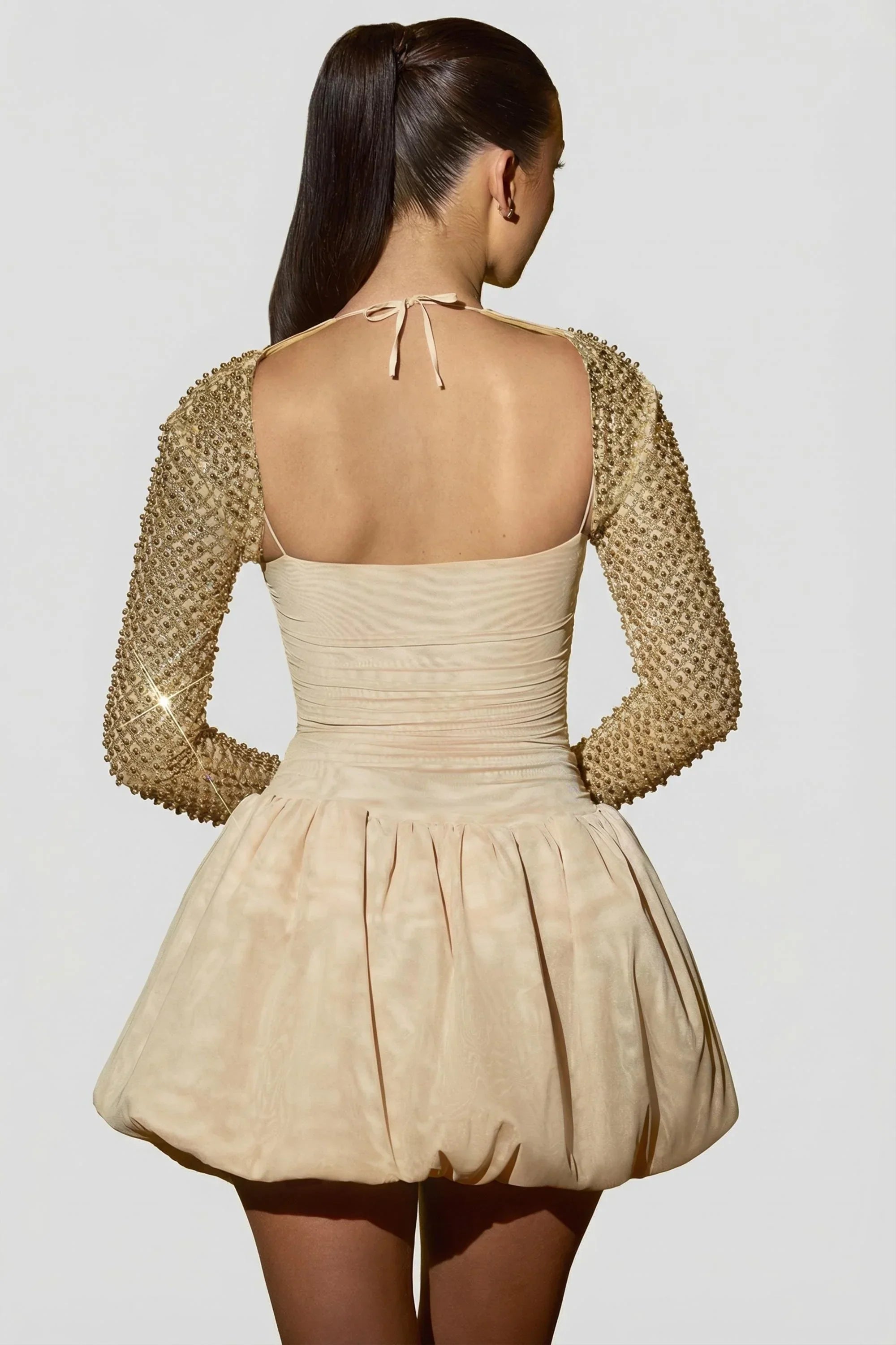 Embellished Bubble Hem Mini Dress in Gold