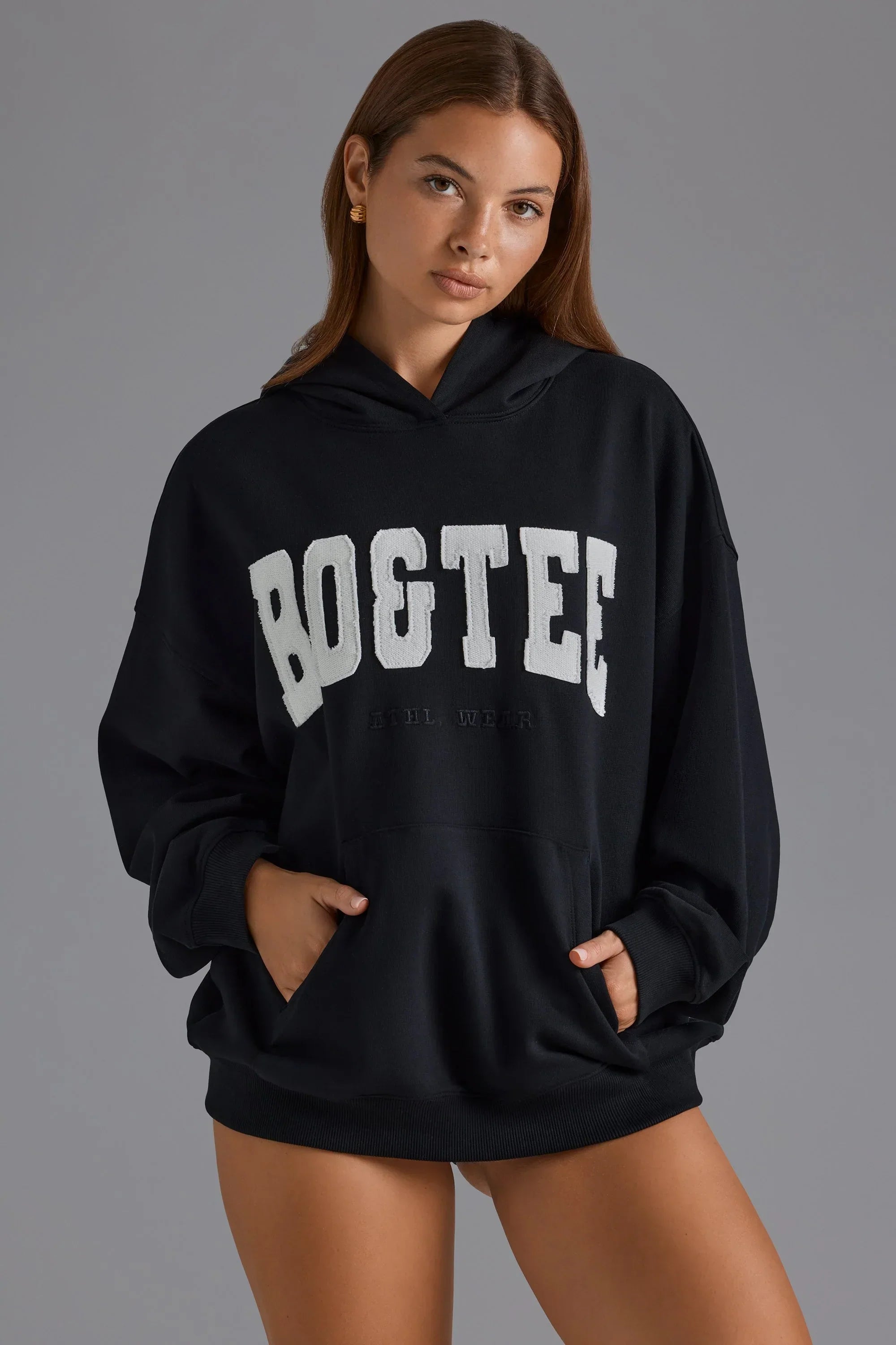 Cotton Fleece Appliqué Oversized Hoodie in Black