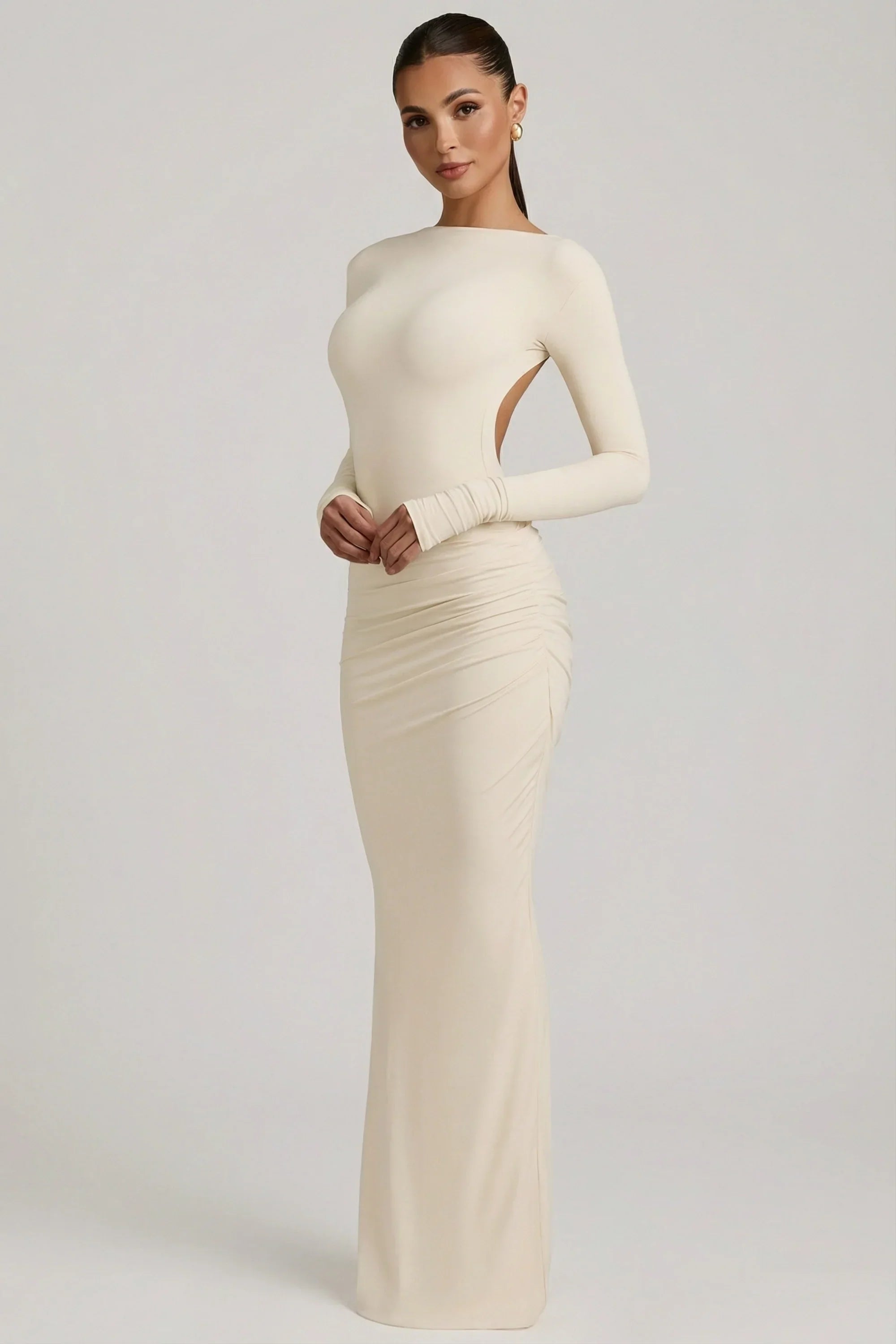 Modal Ruched Backless Maxi Dress in Ivory