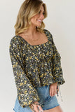 Evelina Black And Yellow Floral Ruched Babydoll Top