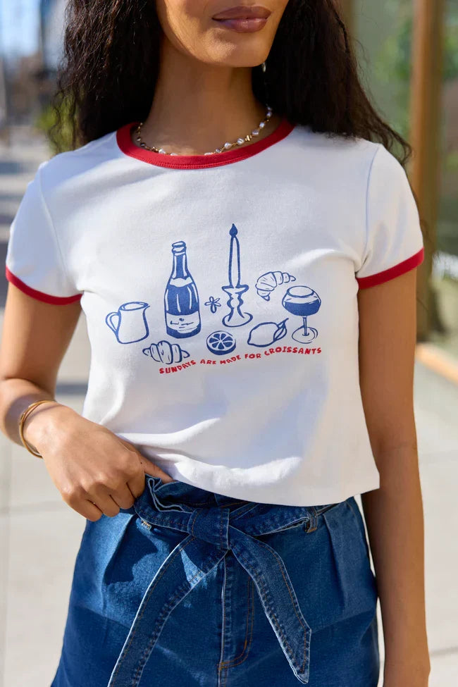 Croissants For Dinner White Graphic Cropped Tee