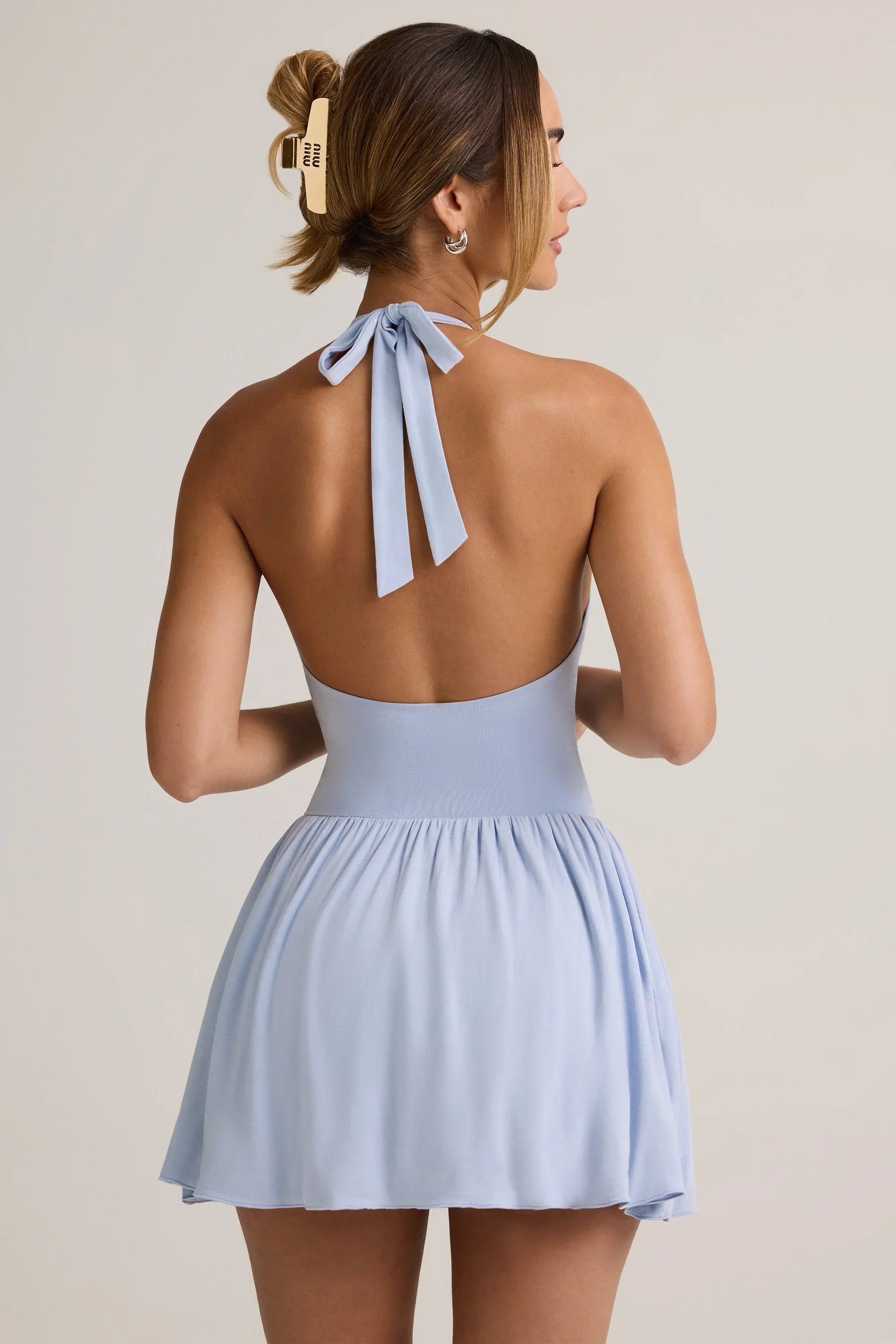 Modal Backless Halterneck Mini Dress in Light Blue