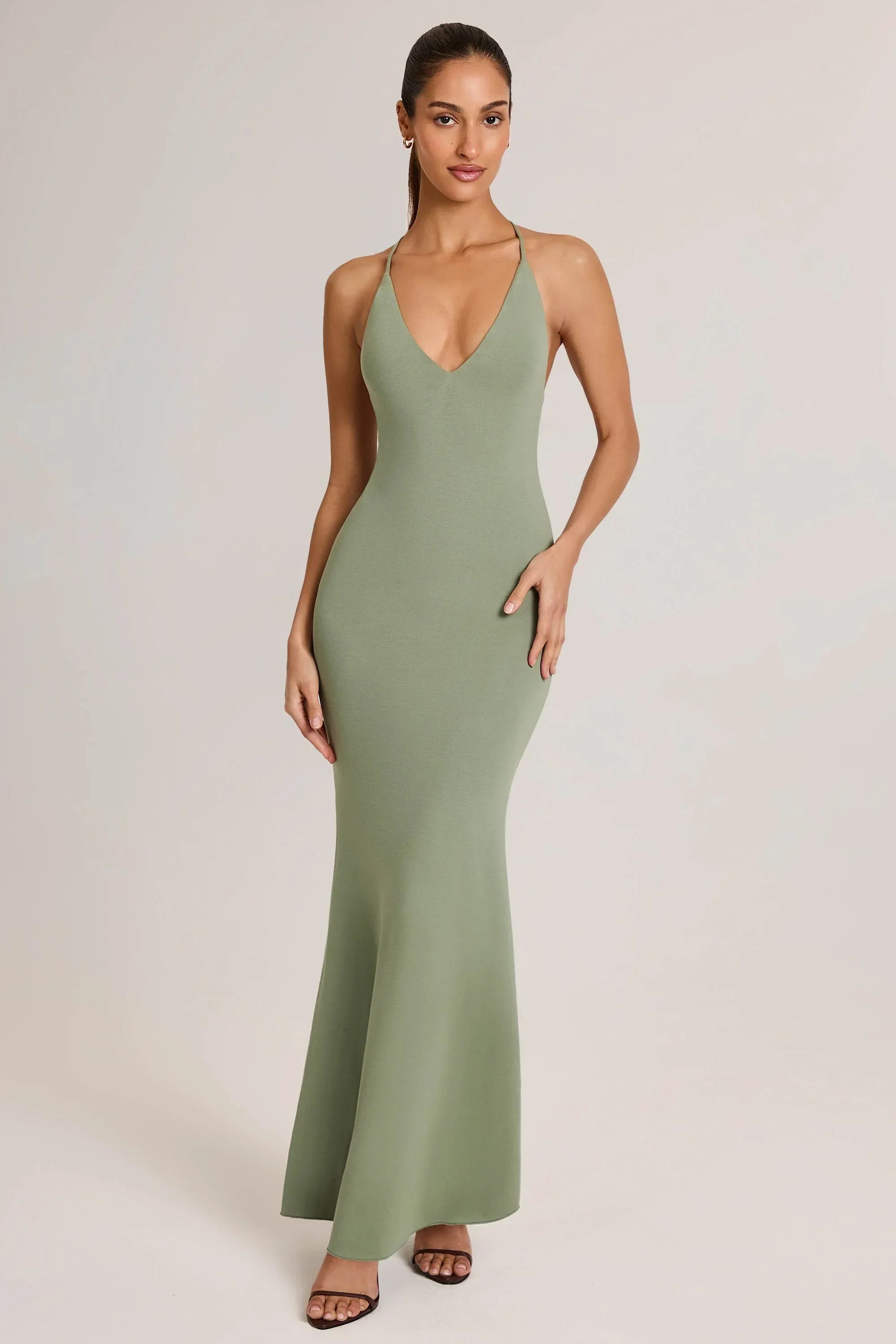 Modal Plunge Backless Maxi Dress in Sage Green