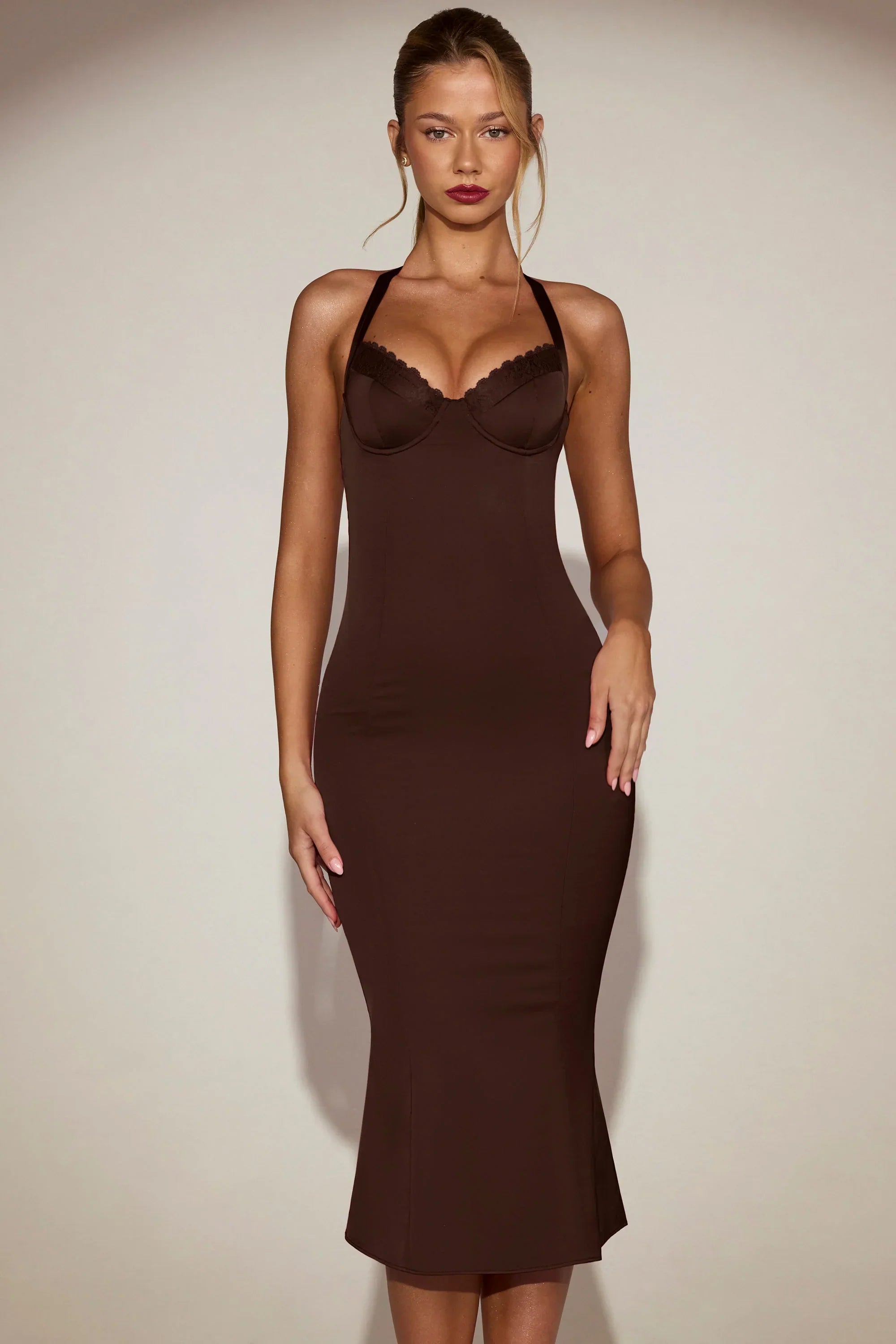 Satin Sweetheart Bustier Fishtail Midaxi Dress in Chocolate Brown