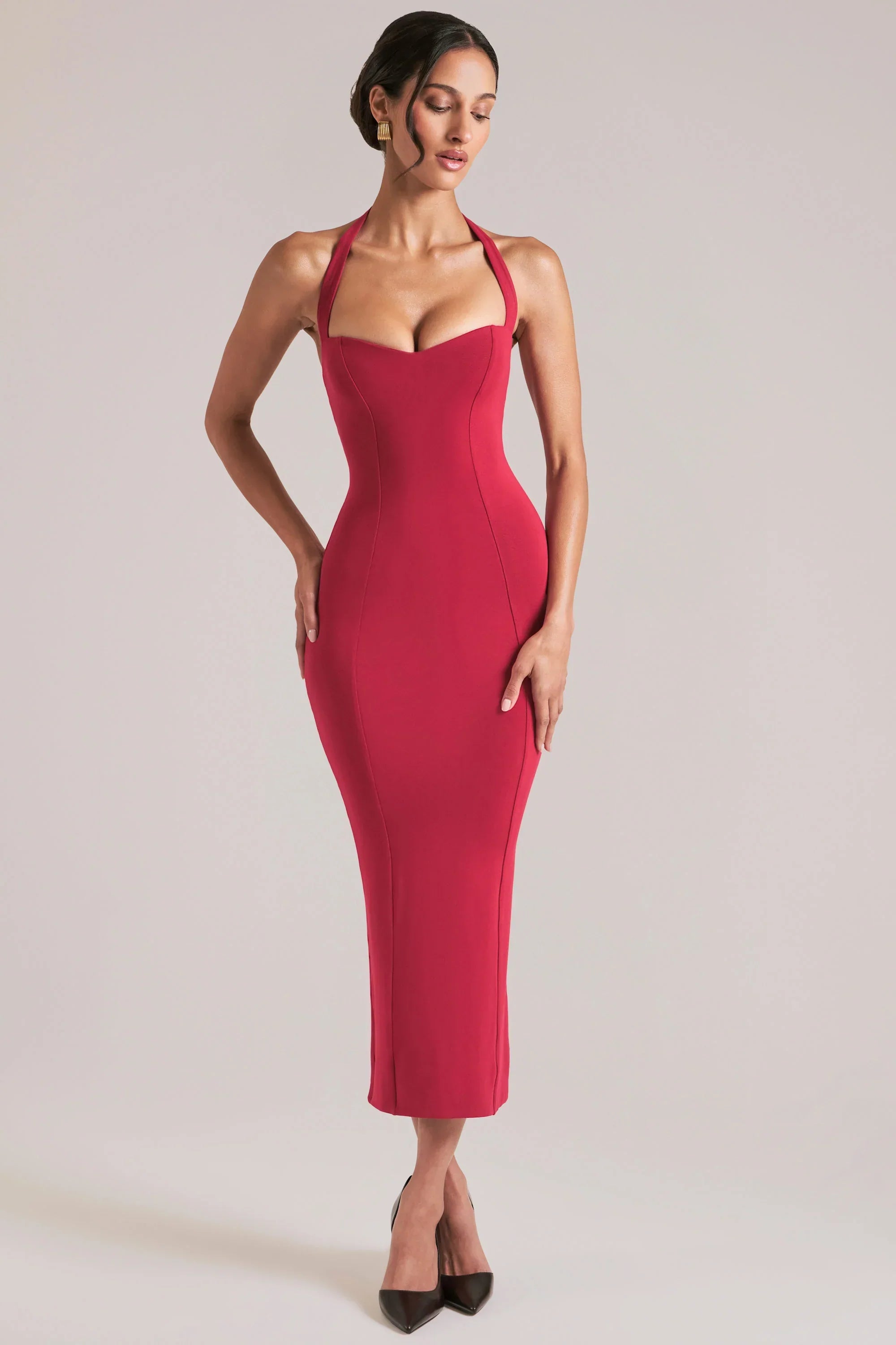 Halterneck Midaxi Dress in Cherry Red