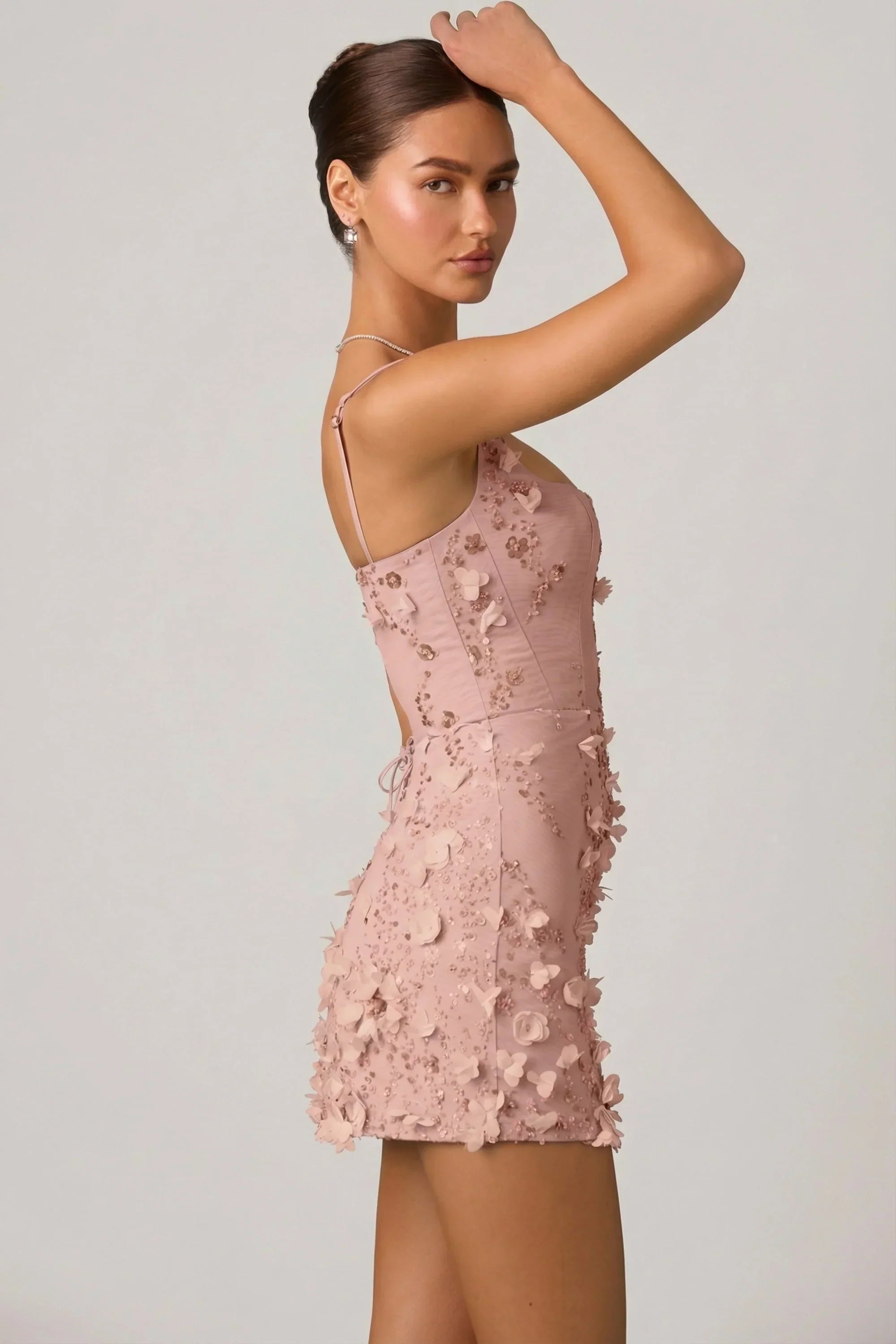 Embellished Appliqué Corset Mini Dress in Dusty Rose