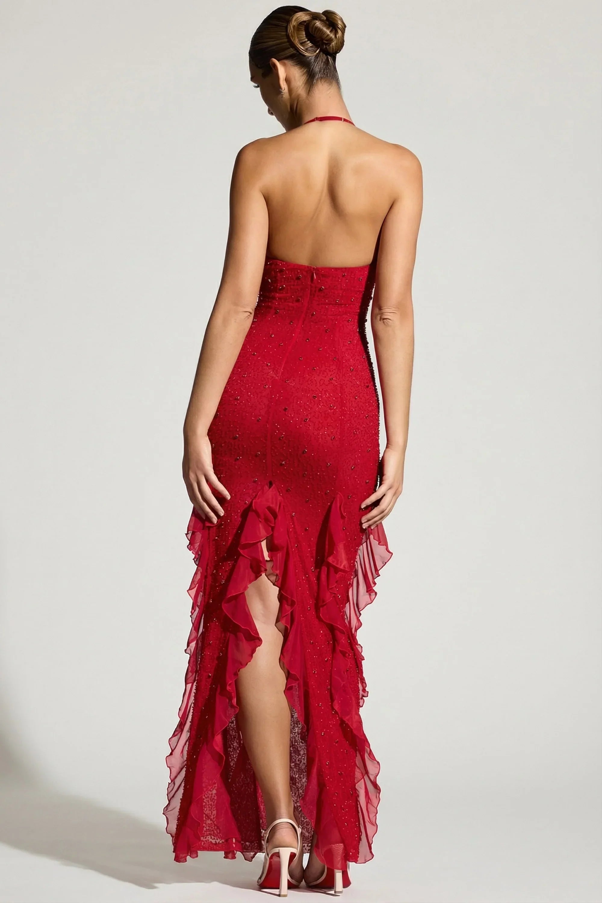 Embellished Halter Neck Ruffle Maxi Dress in Red