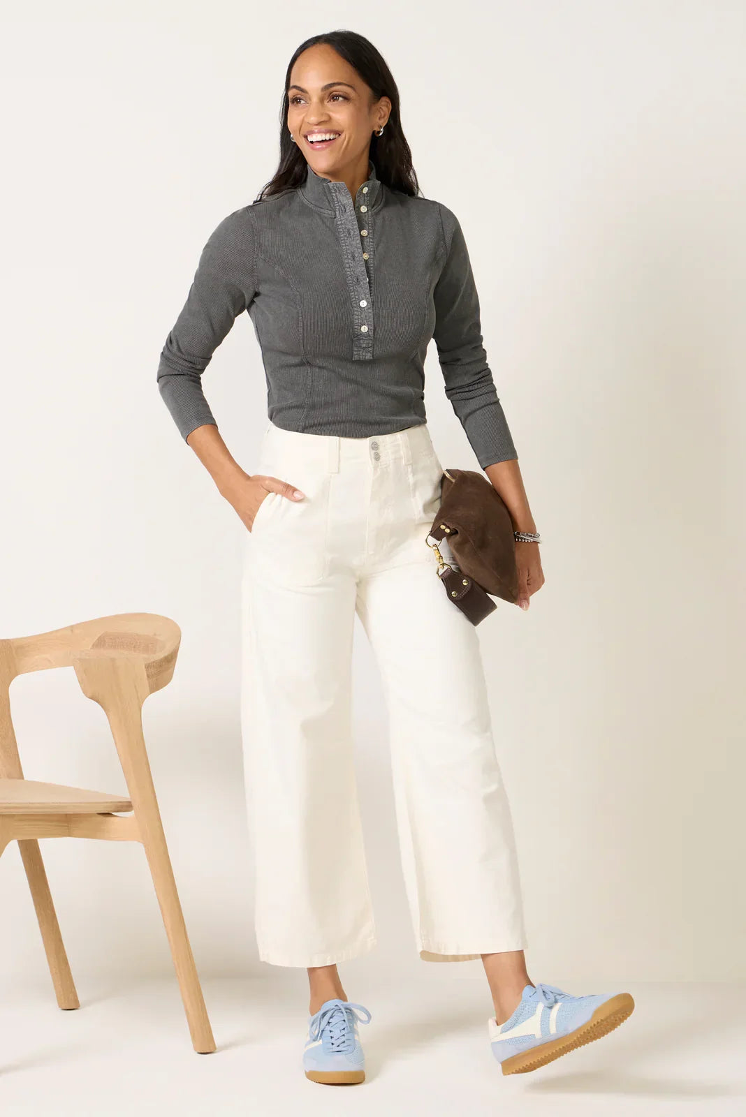 Ash Ribbed Henley Top