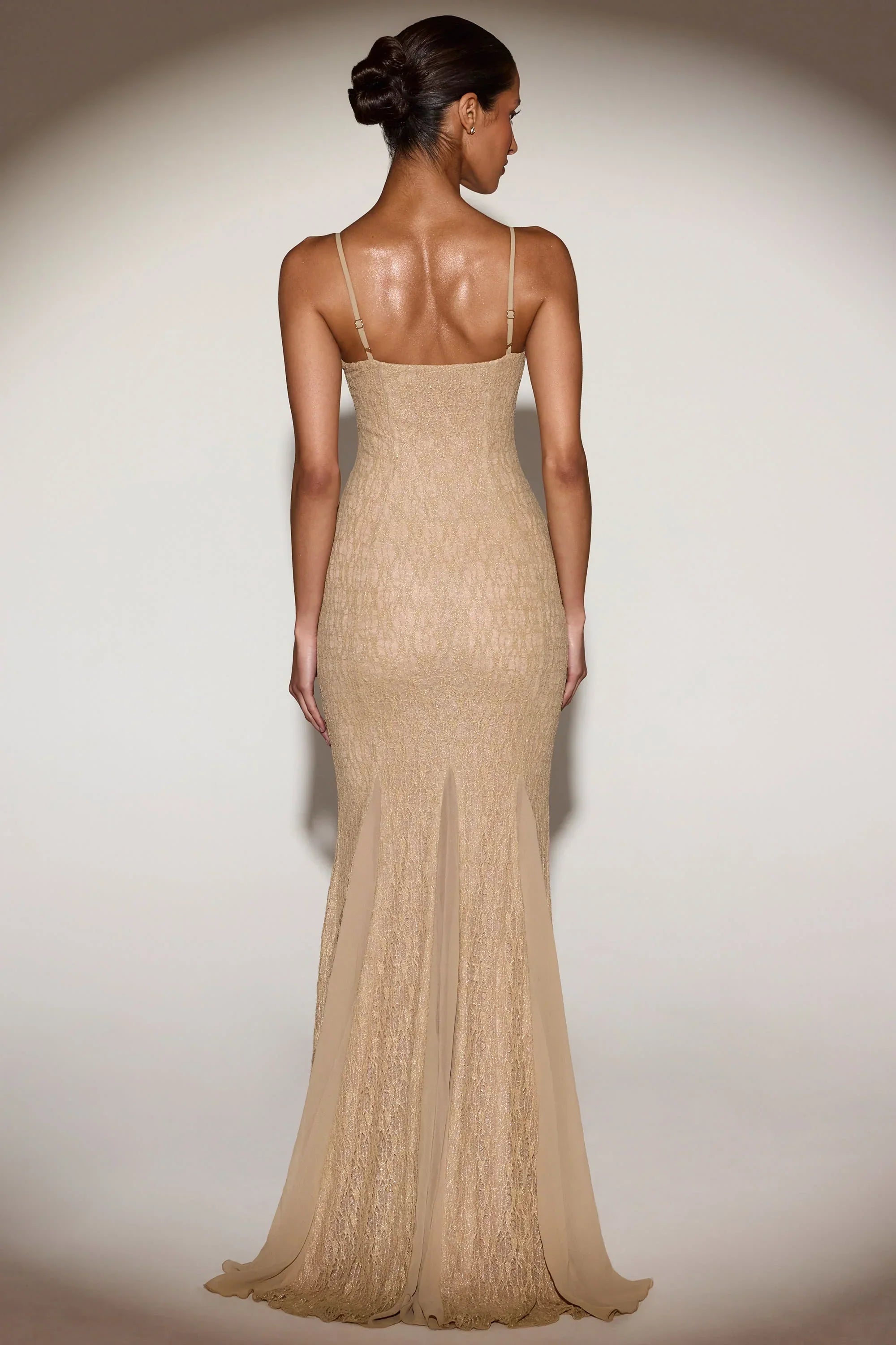 Metallic Lace Godet Fishtail Gown in Gold