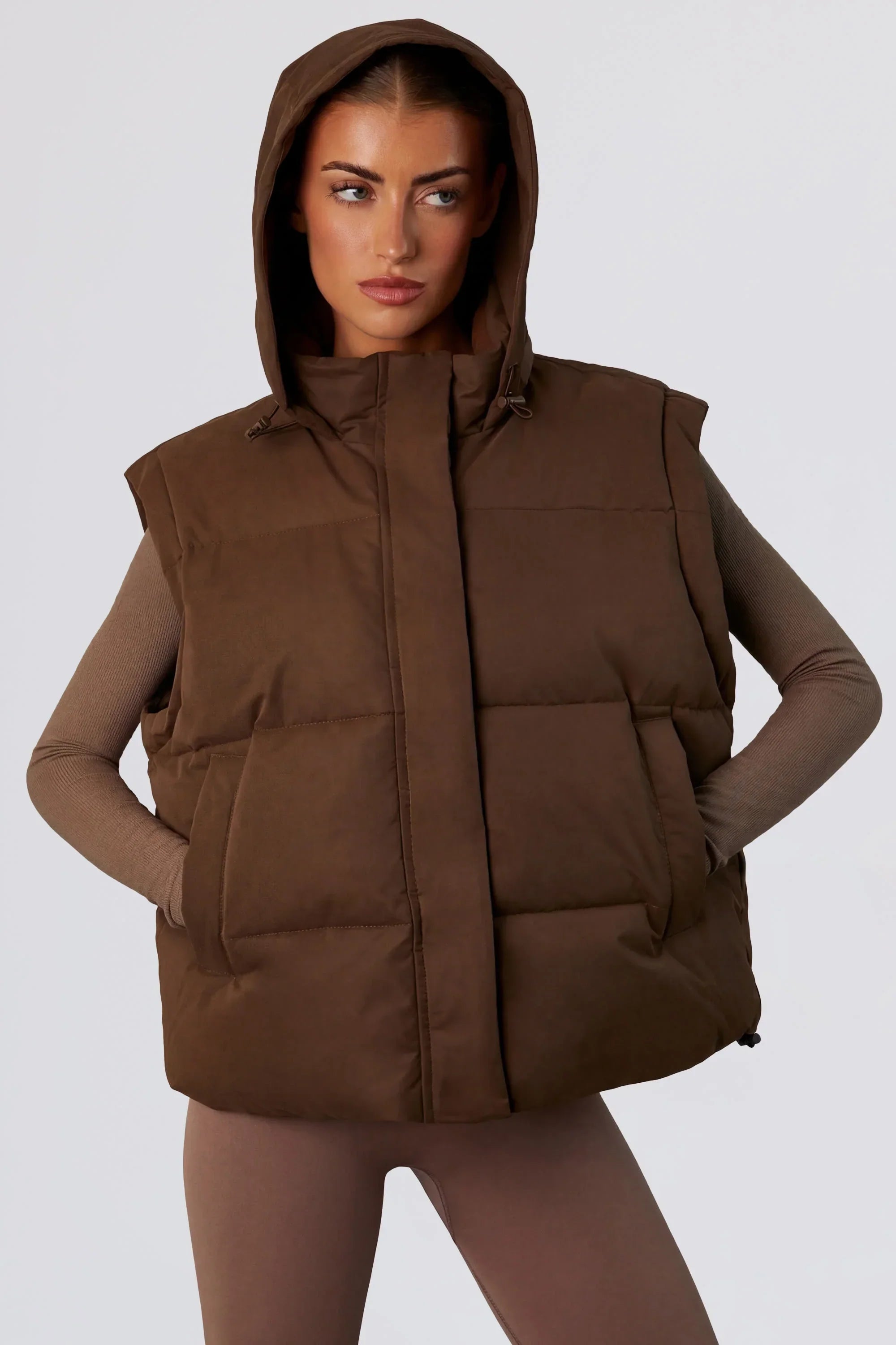 Cropped Puffer Jacket with Detachable Sleeves in Cocoa Brown