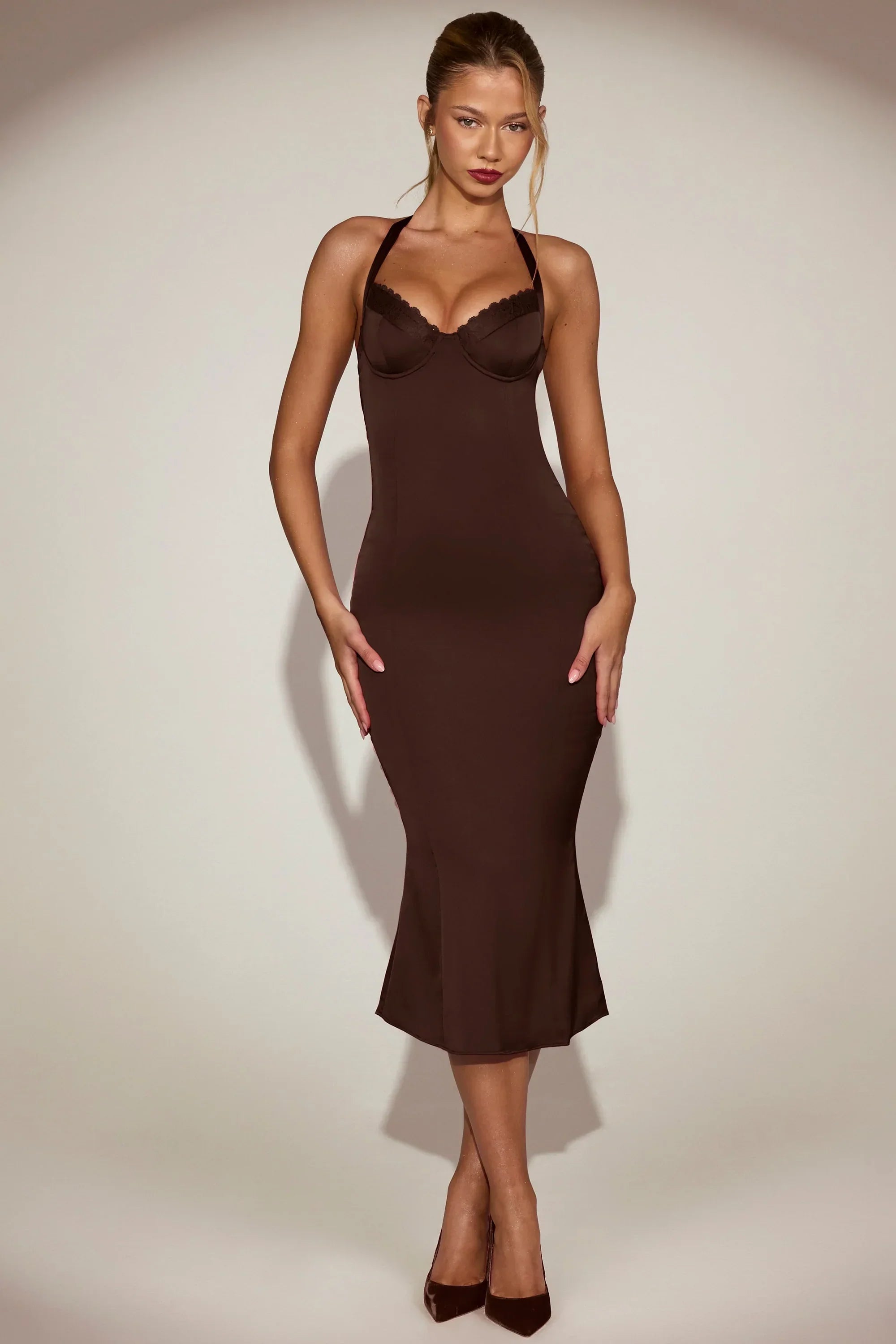 Satin Sweetheart Bustier Fishtail Midaxi Dress in Chocolate Brown
