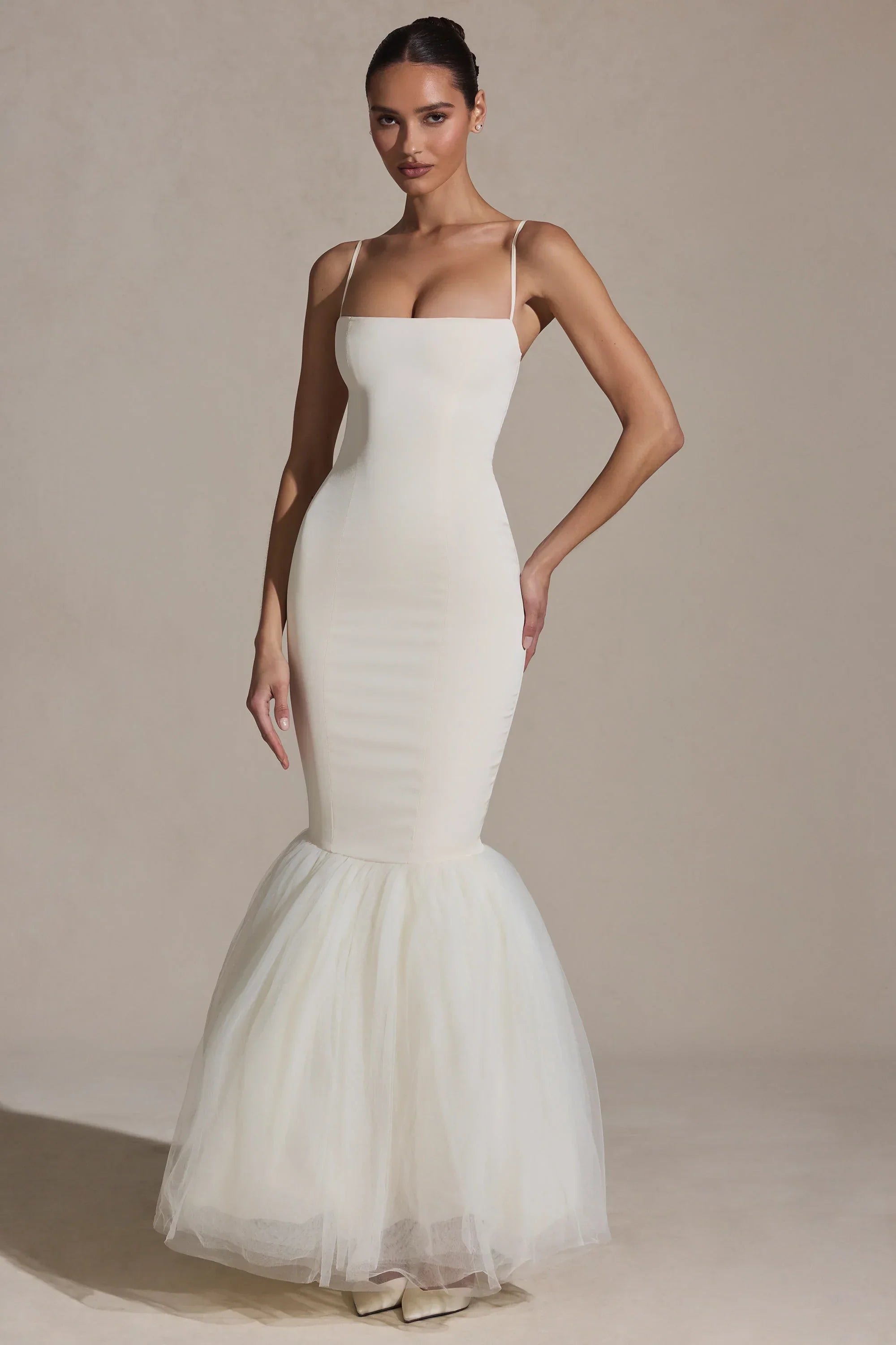 Tulle Hem Fishtail Gown in Ivory