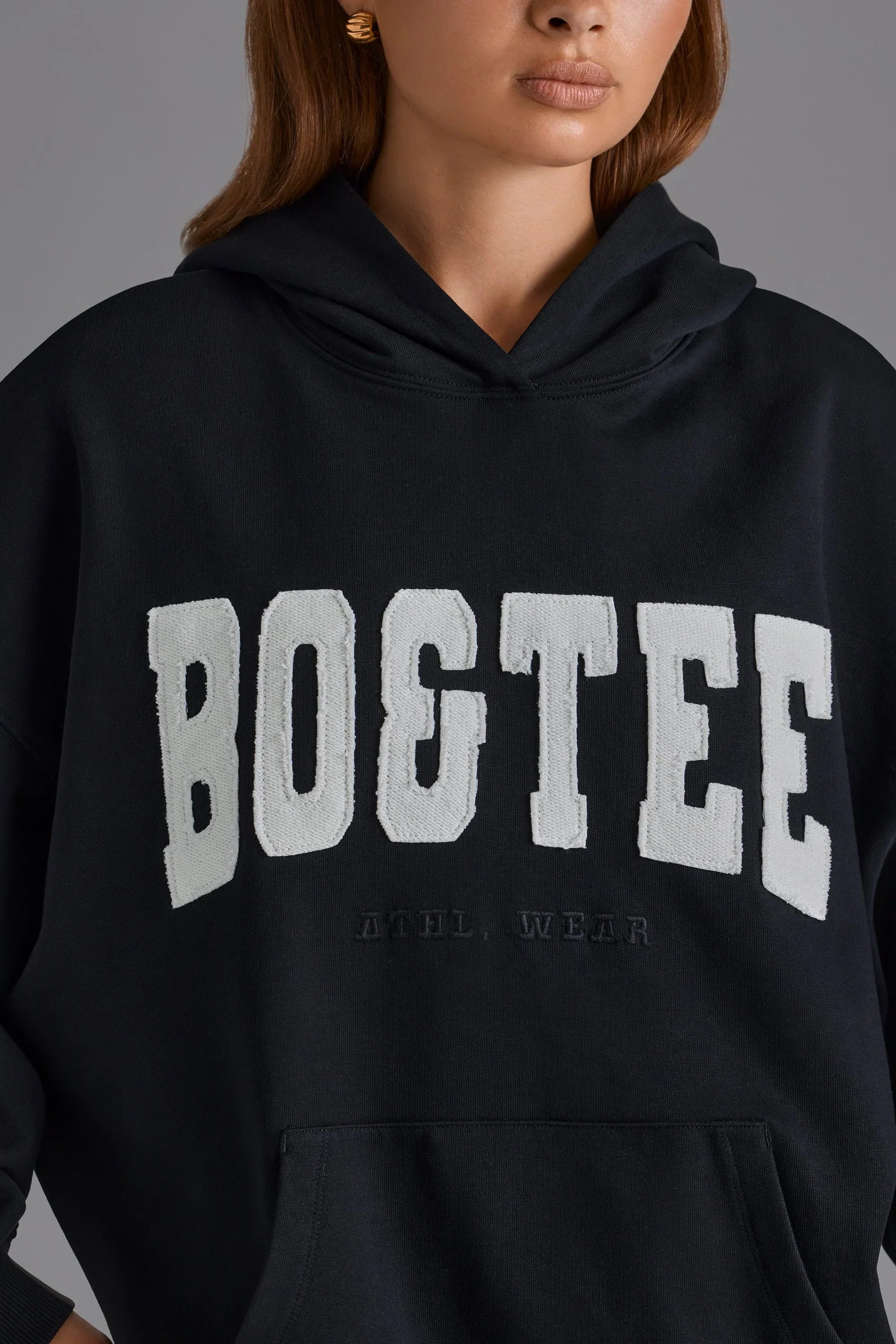 Cotton Fleece Appliqué Oversized Hoodie in Black