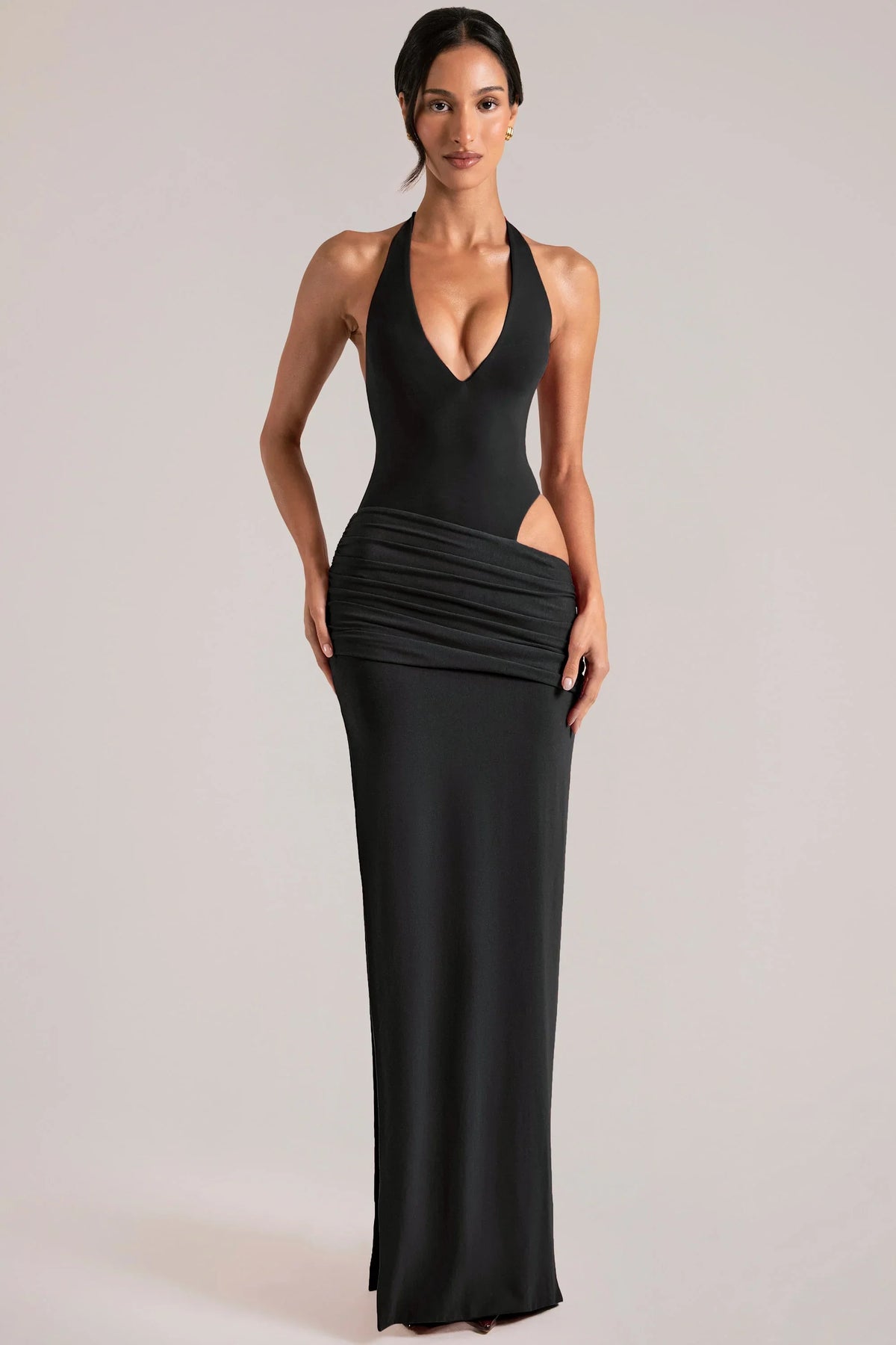 Deep Plunge Halterneck Maxi Dress in Black