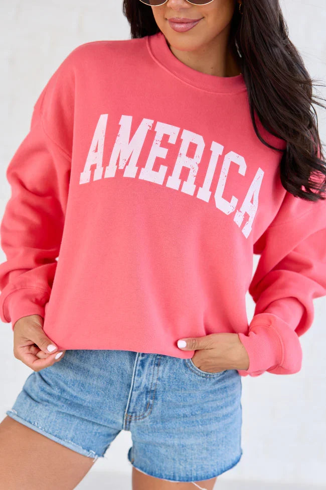 America Distressed Light Red Graphic Sweatshirt