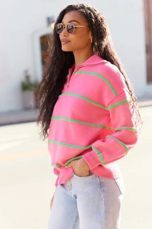 Sunday Stripe Club Pink And Green Quarter Zip