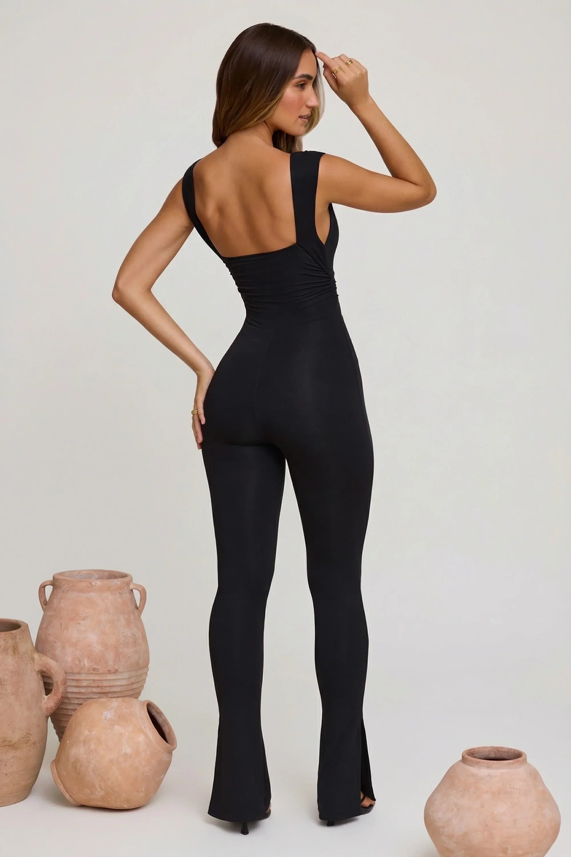 Plunge Neck Ruched Waist Jumpsuit in Black