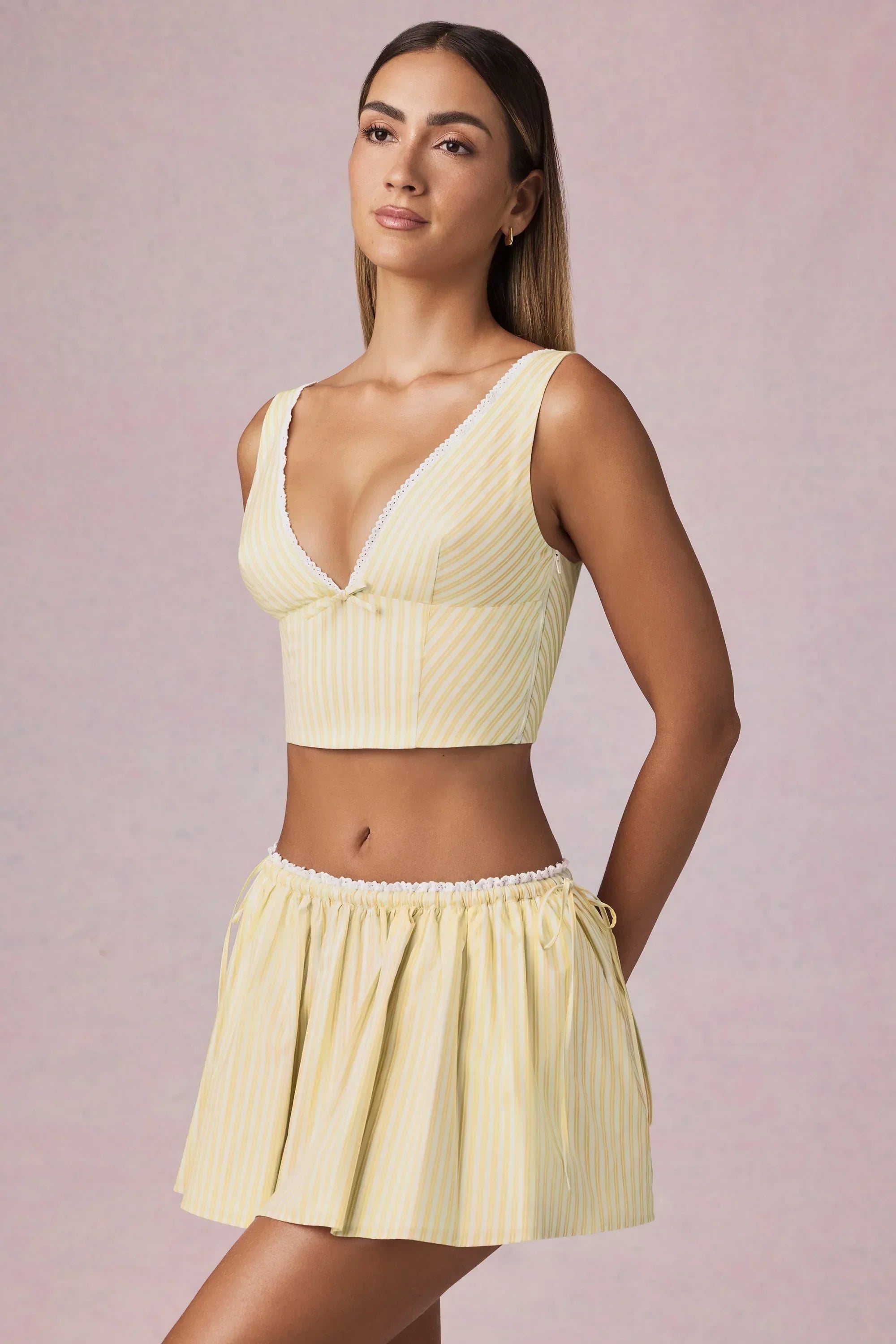 Ruched Drawstring Mini Skirt in Lemon Yellow Stripe