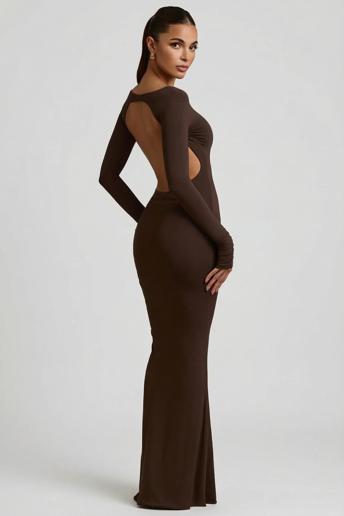 Modal Ruched Backless Maxi Dress in Chocolate Brown