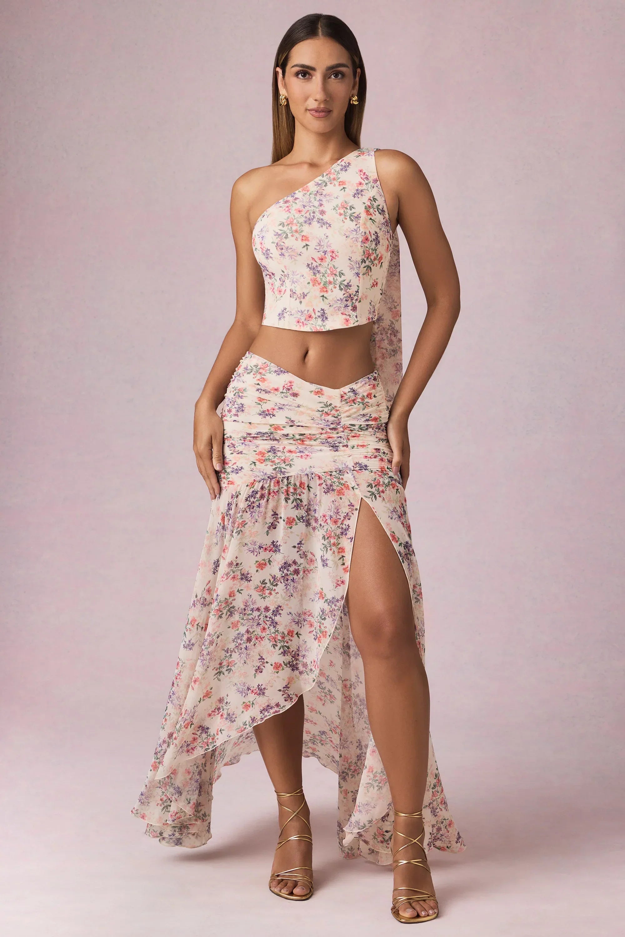 Asymmetric Ruched Maxi Skirt in Primrose Floral Print