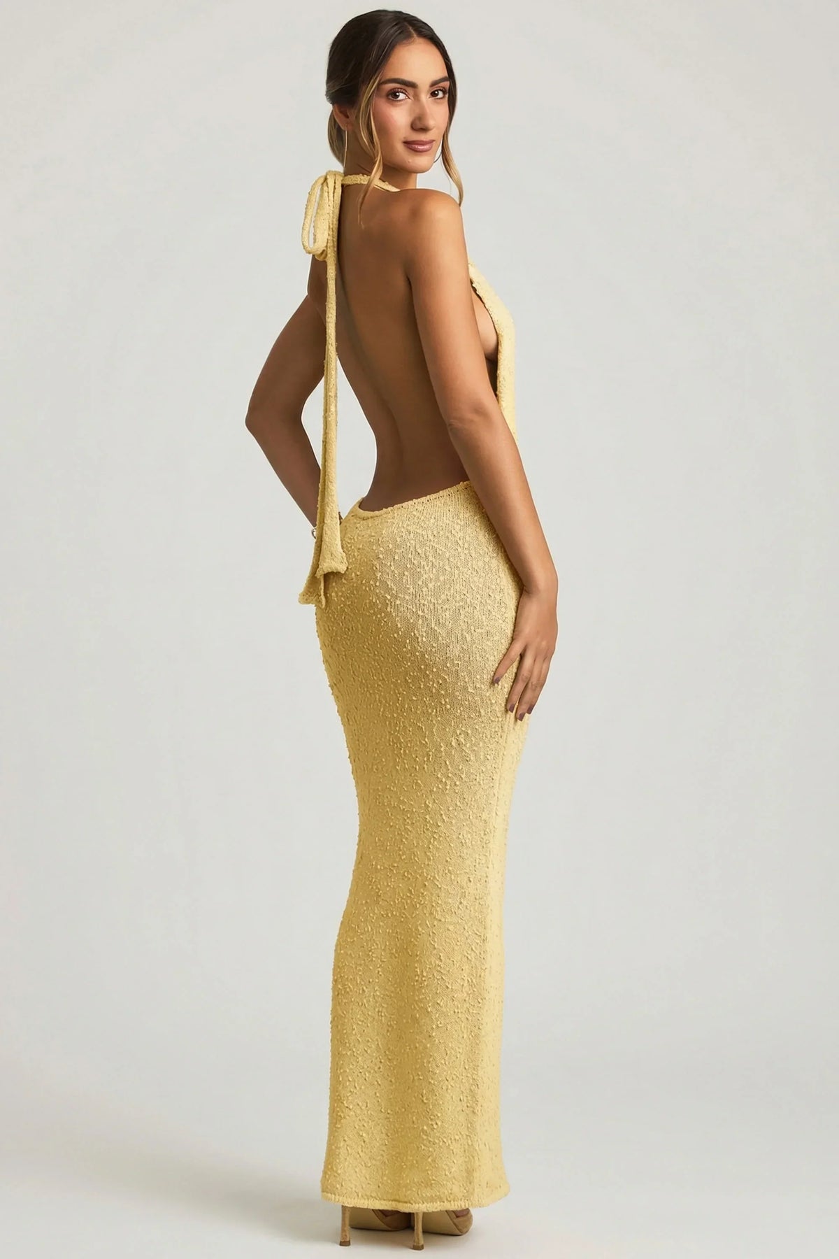 Bouclé Halterneck Maxi Dress in Yellow