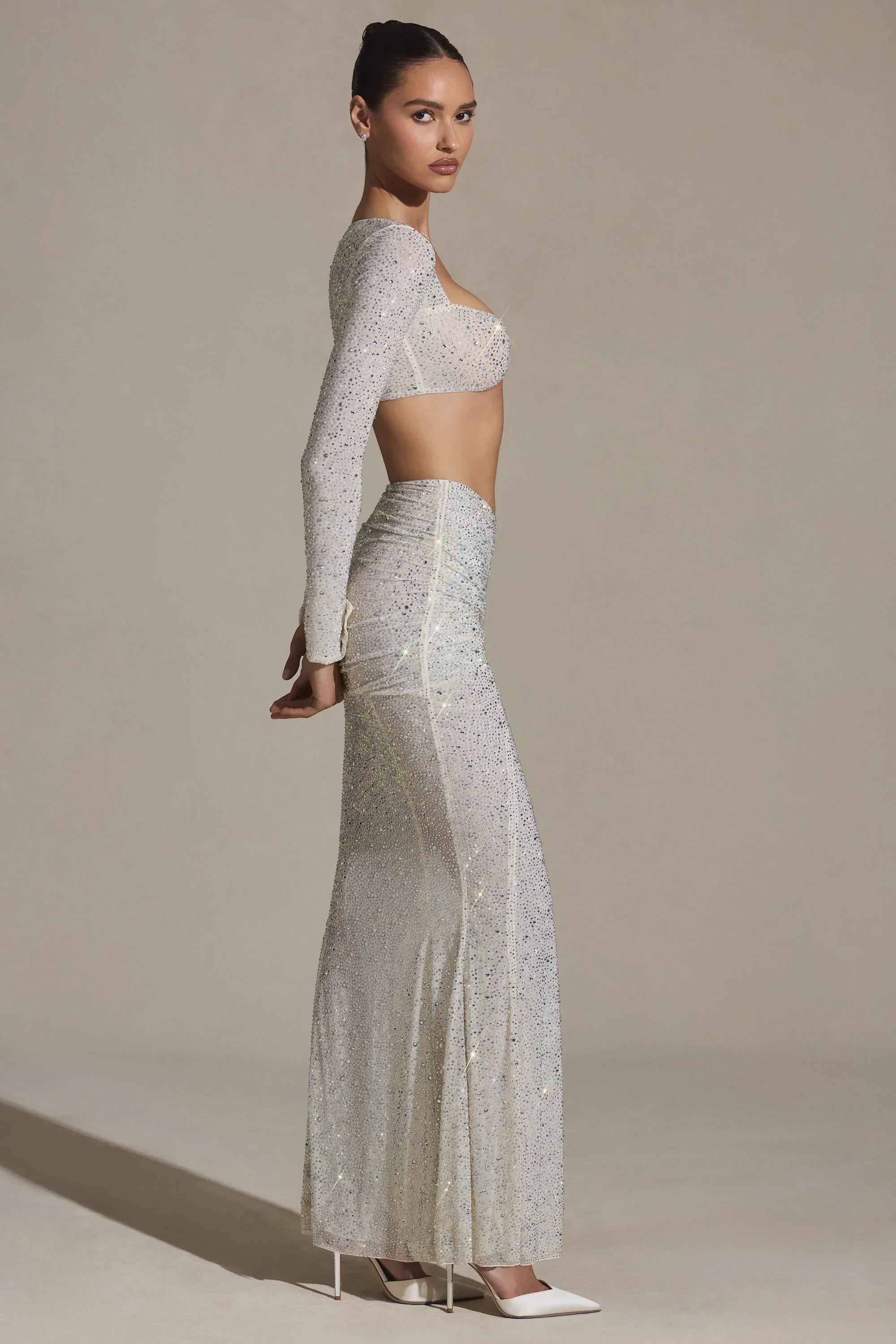 Embellished Ruched Maxi Skirt in White