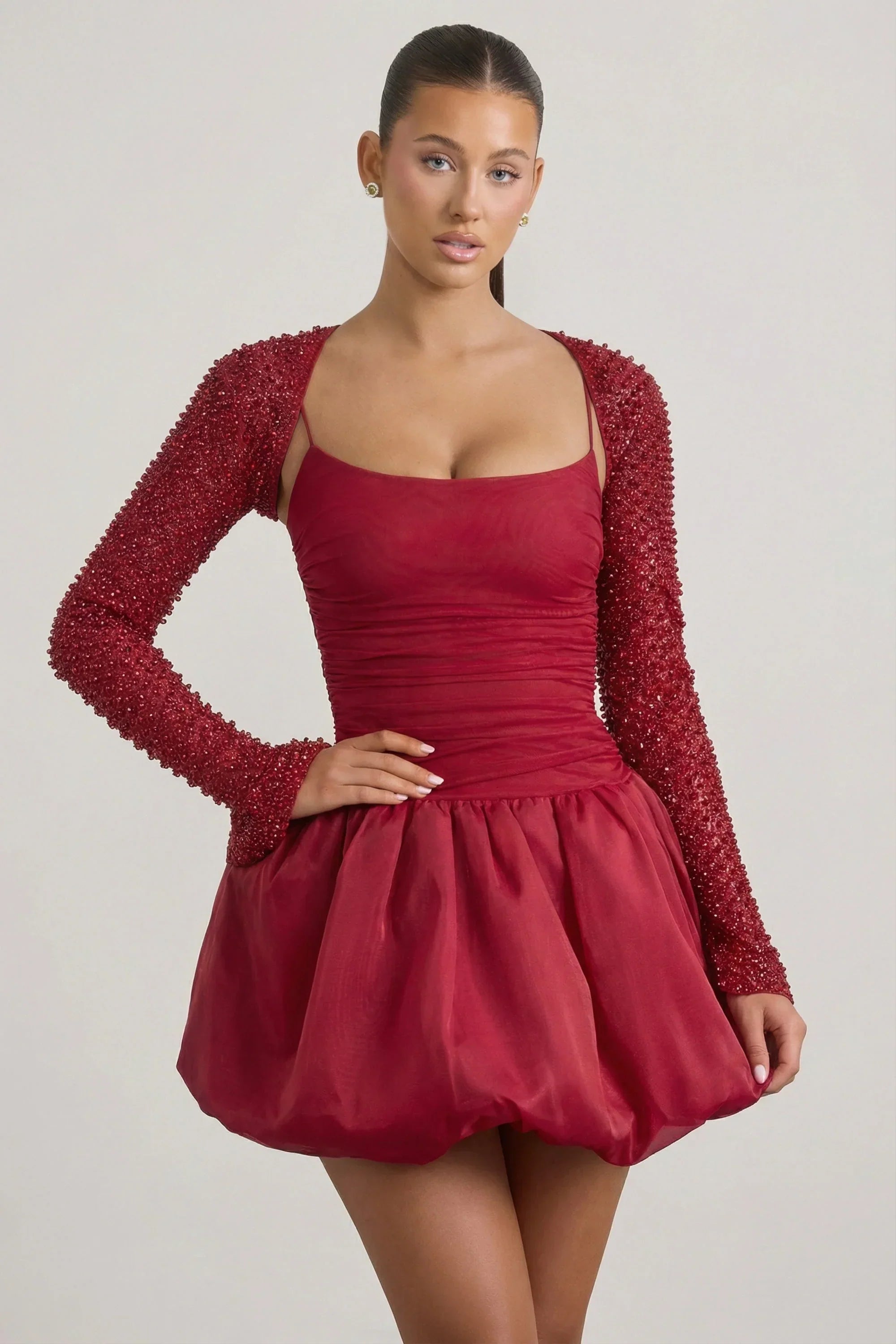 Embellished Bubble Hem Mini Dress in Red