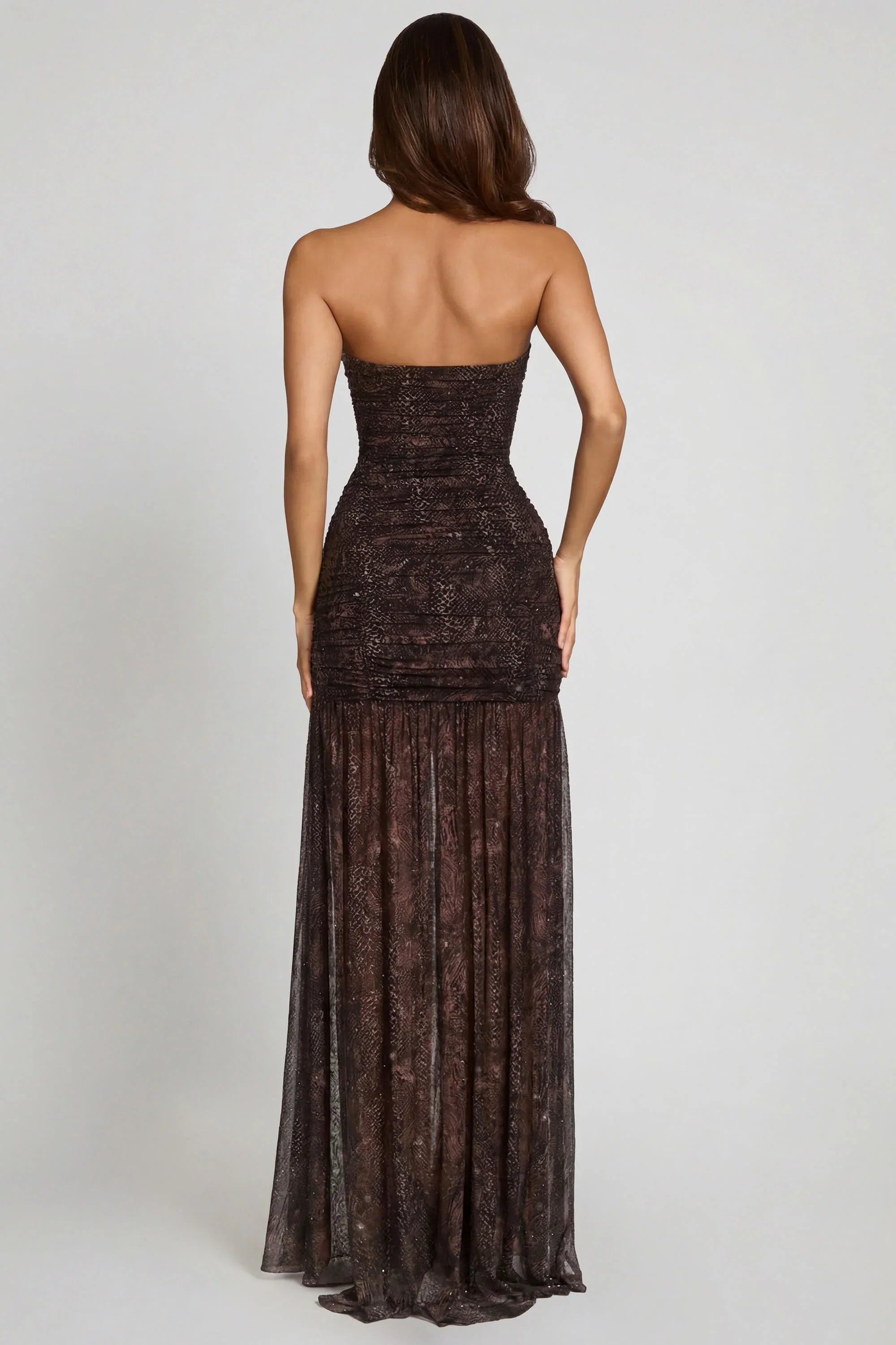 Embellished Bandeau Gathered Maxi Dress in Snake Hotfix